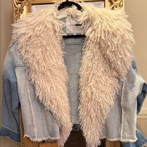 Fashion Nova Light Blue Denim Jacket with Cream Faux Fur Collar